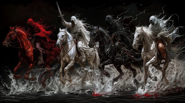 Four Horsemen of the Apocalypse on black background. A biblical illustration of end-time events