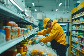 Worker stocking store shelves with fresh products. Generative AI - obrazy, fototapety, plakaty