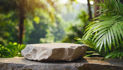 Obraz premium Gray stone podium, table top outdoors with tropical forest. Green leaves. Blurred natural backdrop.