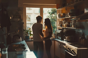 Fototapeta premium Happy adorable young couple having breakfast at kitchen before work. Generative AI