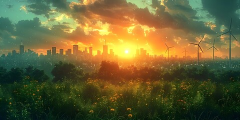 Promoting Green Energy with a Photo of a Sustainable City Skyline. Concept Green Energy, Sustainable City, Renewable Resources, Clean Technology, Urban Development