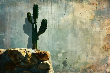 Fotobehang : A textured stone background with a single, vibrant green cactus casting a cool silhouette. © crescent