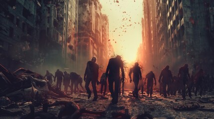 Horde of zombies dead walking in a destroyed city after infection with virus and end of the world of the alive people - obrazy, fototapety, plakaty