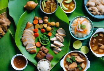 Exploring the Delights of a Filipino Feast with Sinigang, Lechon Kawali, and Chicken Adobo on Banana Lea - obrazy, fototapety, plakaty
