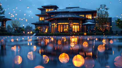 An expansive image capturing a luxurious home during a rainy evening, with raindrops reflecting the house's lights, creating a magical and inviting atmosphere amidst the wet surroundings.