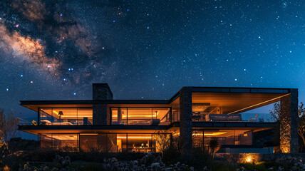 An expansive panorama of a contemporary home during a clear, star-filled night, with the architectural design lit to perfection, creating a stunning visual harmony with the night sky.