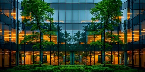 Eco-Friendly Glass Office Building in a Modern City with Sustainable Design and Carbon-Reducing Trees. Concept Eco-Friendly Architecture, Sustainable Design, Modern City, Glass Office Building