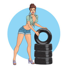 Pin up style woman with tires, isolated on the white background. Garage worker change tires in the auto or car repair service. Vector illustration. - obrazy, fototapety, plakaty