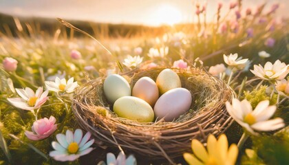 Fototapeta na wymiar happy easter background concept with easter eggs in nest and spring flowers created with bird eggs hd 8k wallpaper stock photographic image