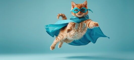 superhero cat, Cute orange tabby kitty with a blue cloak and mask jumping and flying on light blue background with copy space