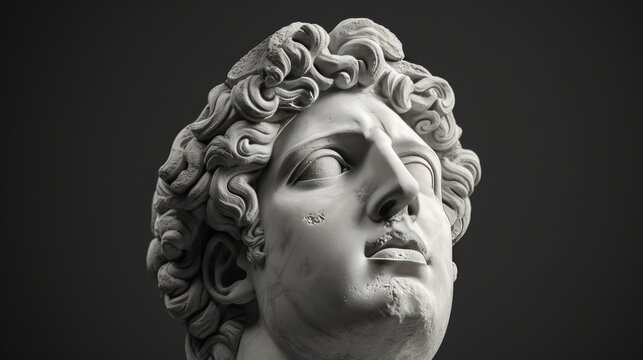 Gypsum Statue of Apollo's Head Man Statue on Black Isolated Background
