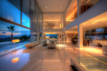 A wide view of a luxurious modern home under the intense light of a summer afternoon, where the...