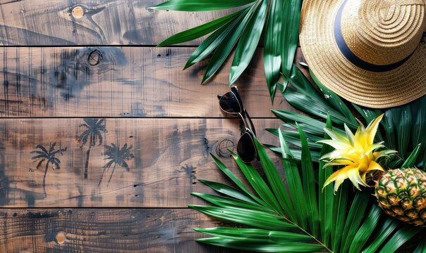 Vacation summer holiday travel tropical ocean sea banner panorama greeting card. Straw beach hat and sun glasses top view on wooden background, summer flat lay.
