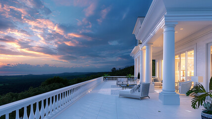 Elegant white villa with an expansive terrace, overlooking a serene landscape under the soft hues...