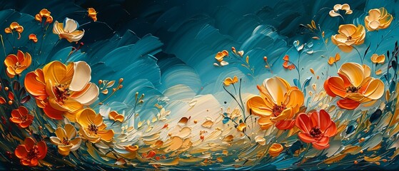 Prints of abstract art. Flowers and golden grain. Oil on canvas. Brush the paint. Modern art. Prints, wallpaper, posters, cards, murals, carpets, hangings, and wallpaper.