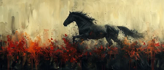Fotobehang An abstract painting with metal elements, a texture background with plants, animals, and horses in it © Zaleman