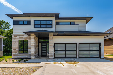 High-end modern-style home, newly built, with a two-car garage, surrounded by elegant ivory siding and a natural stone wall trim for a distinguished look. - obrazy, fototapety, plakaty