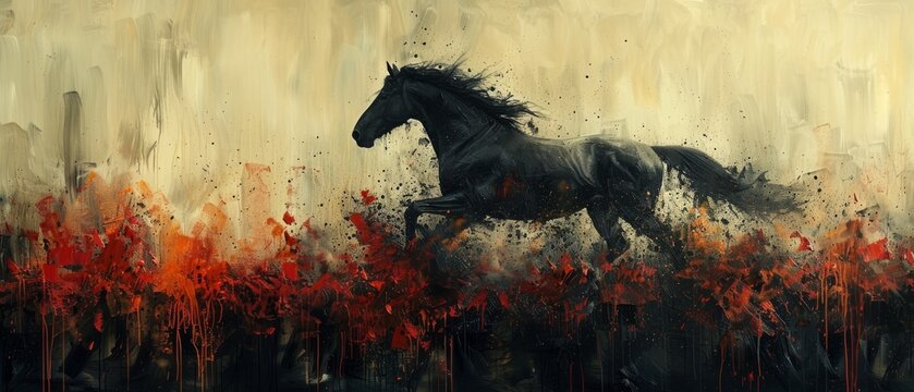 An abstract painting with metal elements, a texture background with plants, animals, and horses in it