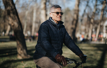 A mature man with a content expression riding his bicycle in a park, representing active seniors and healthy lifestyle choices.