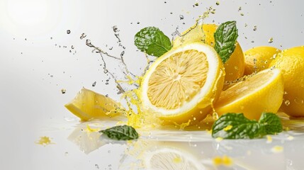 Ripe lemons with splashing water, mint leaves, isolated on white background. Fresh summer citrus fruits in motion, representing healthy food concept. Vegan ingredients for spa and beauty care. - obrazy, fototapety, plakaty