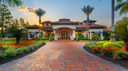 Radiant and spacious luxury home front with vibrant landscaping, leading to a grand covered entrance, captured in late afternoon light. - obrazy, fototapety, plakaty