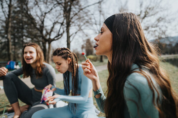 Group of friends seated on a blanket in the park, comfortably chatting and eating, embodying leisure and relaxation