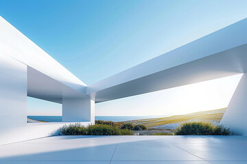 White, streamlined structure with a natural landscape under a blue noon sky, highlighting the elegance of minimalist design.