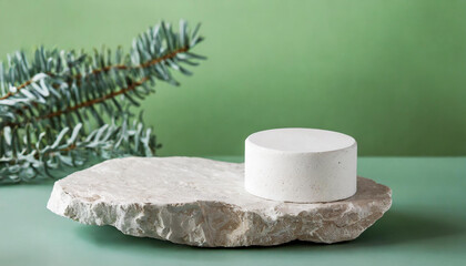 White stone cosmetic podium for presentation, fir branch. Abstract product placement. Green backdrop