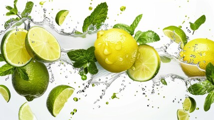 Fresh lime and lemon slices with water splash, green mint leaves on white background