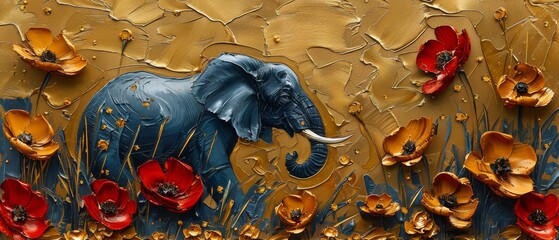 Obraz premium Abstract oil paintings with flowers and leaves. Animal prints with elephants, zebras, horses, sprinkled paint on paper with a golden texture. Available as prints, wallpapers, posters, cards, murals,