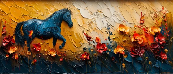Fotobehang Abstract art in oil paint. Animal prints, elephants, zebras, horses, sprinkle paint on paper. Shiny golden texture. Wall art, wallpaper, posters, cards, murals, rugs, hangings, paintings, print..... © Zaleman