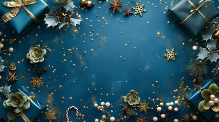 A blue background with gold Christmas decorations and amazing little blue-wrapped gifts. A great photo background for greeting cards.