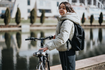 A young girl casually rests with her bike by the water in a park, embodying carelessness and...
