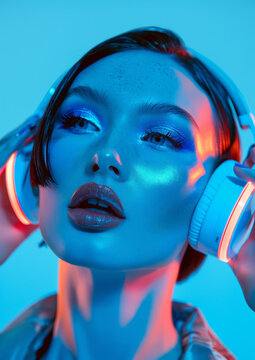 Brunette wearing headphones on a clean white background. Female model. Blue makeup. Pressing headphones to ears. Audio, music, fashion, style.