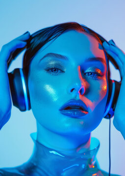 Brunette wearing headphones on a clean white background. Female model. Blue makeup. Pressing headphones to ears. Audio, music, fashion, style.
