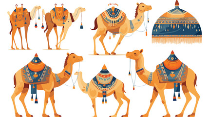 Camels Set Desert Animals with Bridles and Saddles