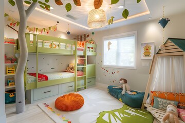 : A whimsical child's bedroom with a treehouse-inspired bunk bed and colorful hanging decorations.