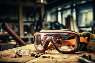 Protective eyewear in focus amidst the rustic charm of a traditional industrial workspace - obrazy, fototapety, plakaty