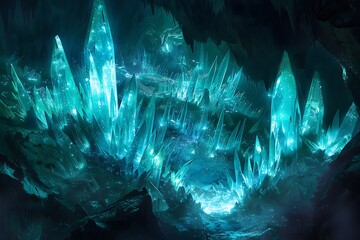 : An organic cavern pulsates with vibrant bioluminescence, crystalline formations jut from the walls in a mesmerizing display.