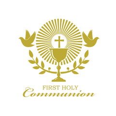 holy communion gold icon with chalice and doves isolated on white background
