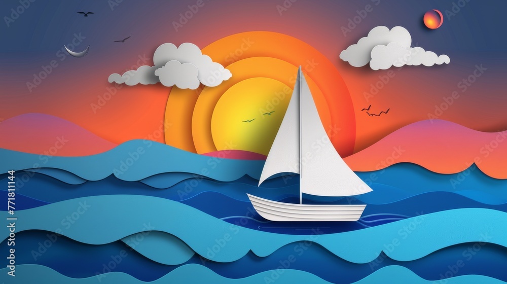 Sticker Illustration of a sunset seascape with a floating sailing boat in the sea in the evening. Modern illustration with a paper cut style.