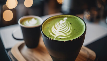 Matcha latte with milky fern close up, ai
