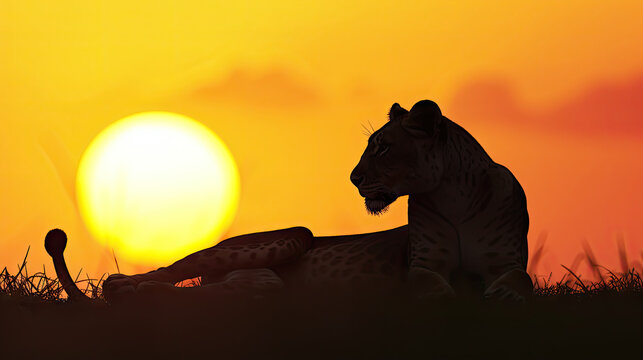 Silhouette of Lioness (Panthera leo) Lying Down Against Sunset Sky
