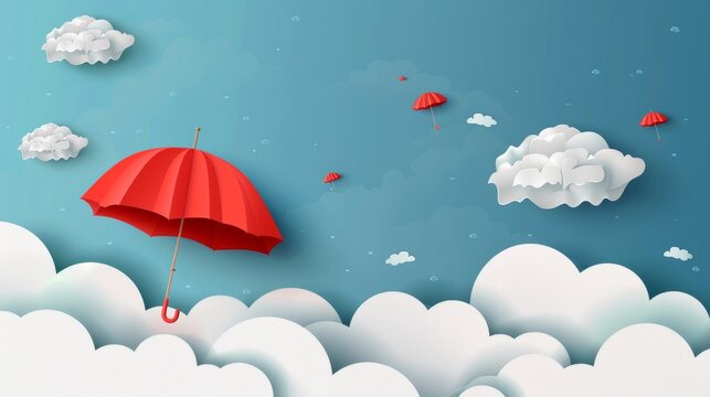 The red umbrella is flying above the clouds on the sky in this modern illustration.