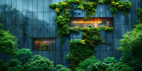 Ecofriendly glass building with a vertical garden promoting sustainability and reducing carbon dioxide emissions in a green environment. Concept Sustainable Architecture, Vertical Gardens