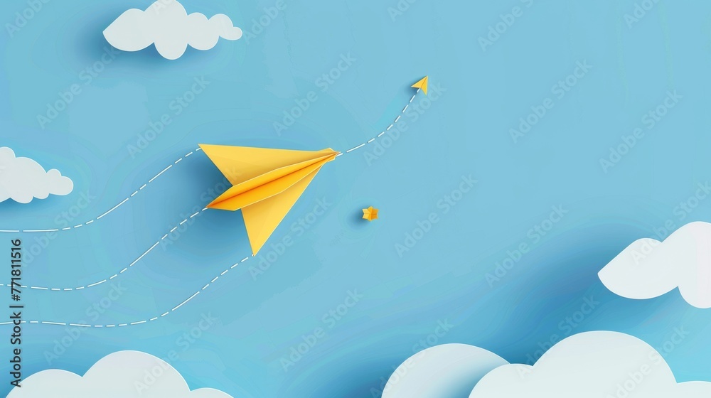 Aufkleber An origami paper plane trailing a dash line in the sky with a loop in the sky above. The word back to school is floating in a white cloud. Modern illustration.