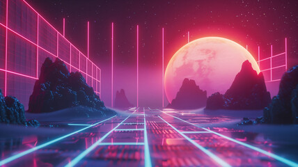 Synthwave-Inspired Landscape with Neon Grid and Giant Moon - obrazy, fototapety, plakaty