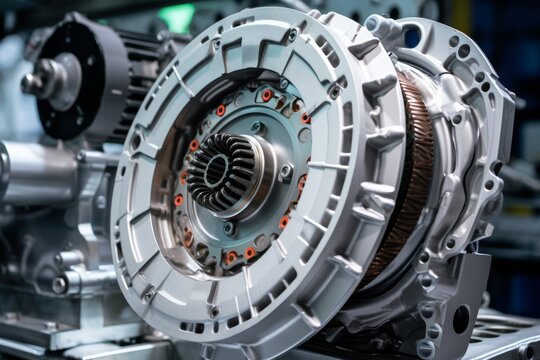 A meticulously crafted vehicle clutch assembly highlighted amidst the heavy-duty machinery in a brightly lit industrial setting