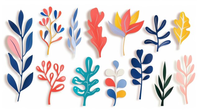 Paper cut out element isolated. Matisse inspired style. Retro, vintage. Contemporary paper cut out form. Set collection. Modern hand drawn artwork. Blue, pink, red, beige, green, yellow bright
