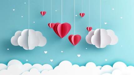 Blue sky and paper cut clouds. Place for text. Happy Valentine's day header or voucher template.